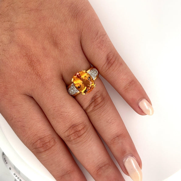 Vintage 6 Carat Oval Cut Orange Topaz and Round Cut Diamond Ring in 18K Solid Gold