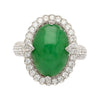 Vintage 7.29 Carat Jadeite Jade "A" Ring with Round Cut Diamond Halo & 18K Milgrain Finish