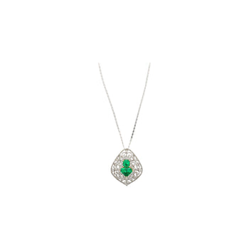 Vintage Art Nouveau Style Carved 18K White Gold Pendant Necklace With Shield Cut Emerald and Diamond Side Stones – Assay Jewelers