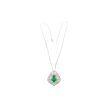 Vintage Art Nouveau Style Carved 18K White Gold Pendant Necklace With Shield Cut Emerald and Diamond Side Stones – Assay Jewelers