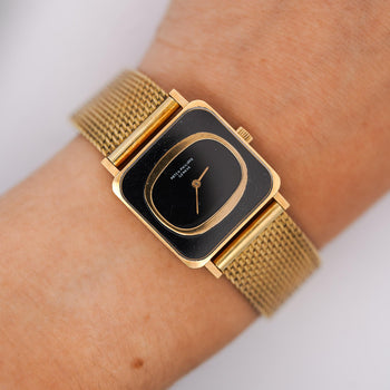 Vintage Patek Philippe 25mm Square Ellipse 18K Gold Black Dial Watch – Assay Jewelers
