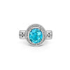 Vintage Retro Style 8 Carat Oval Cut Blue Zircon with Diamond Halo in Platinum & 18K Gold Filigree Set Ring