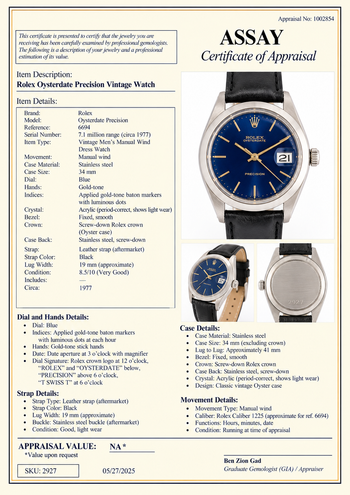 Montre Anciens Rolex Oysterdate Precision 6694, cadran bleu, acier, 1977, bracelet en cuir – Assay Jewelers