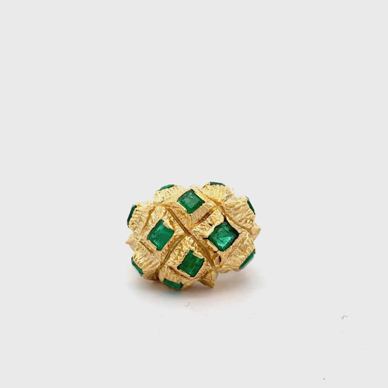 Vintage 3.20 Carat Emerald Bombe Dome Sputnik 18K Gold Statement Ring