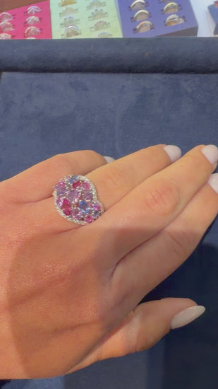 Multicolor Sapphire Pear Marquise Mix & Diamond Cluster 18K White Gold Dome Ring