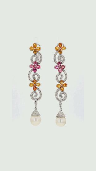 Greek 18K White Gold Diamond Pink Tourmaline Yellow Garnet Pearl Drop Earrings