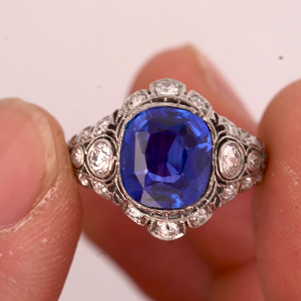 4.02 Carat No Heat Ceylon Sapphire In Platinum Art Deco Ring