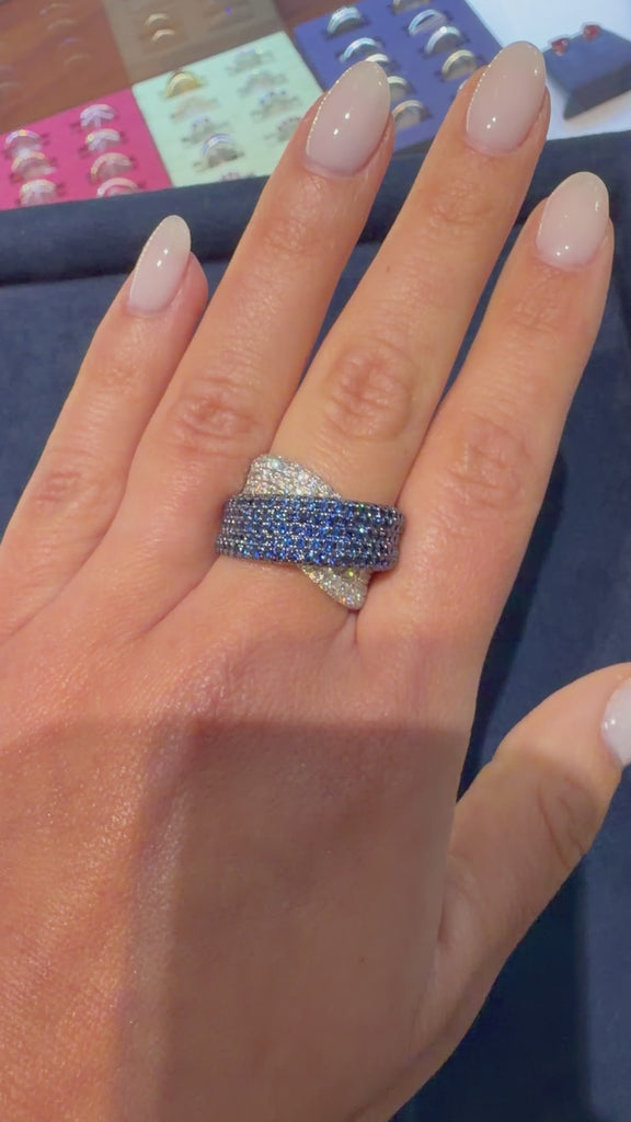 3.72 Carat Blue Sapphire & Diamond Pave 18K Crossover Band Ring