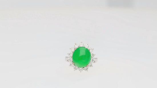 5.74 Carat Grade A Green Jade with Round-Cut Diamond Halo Ring