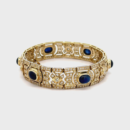 Art Deco Style 12 Carat Cabochon Sapphire & Diamond 18K Gold Bracelet
