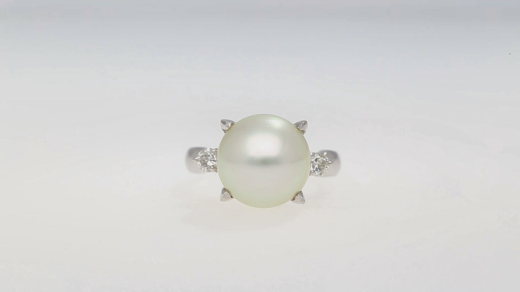 12.5mm South Sea Pearl and Diamond Platinum Three Stone Ring