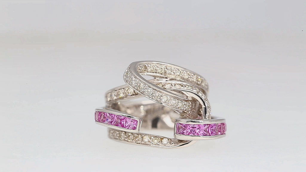 1.40 Carat Princess Pink Sapphire & Diamond Pave 18K White Gold Bypass Wave Ring