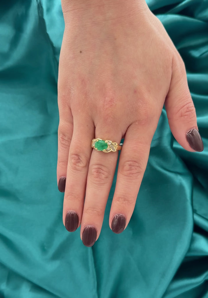 1.59 Carat Oval Cut Emerald & Diamond 14K Gold East West Ring